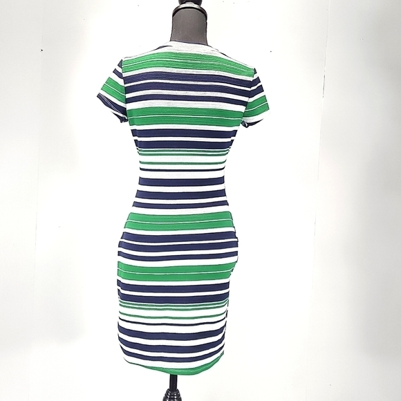 Almost Famous - Green, Navy & White Striped Bodycon T-Shirt Dress – Casual Fitte - Picture 2 of 5
